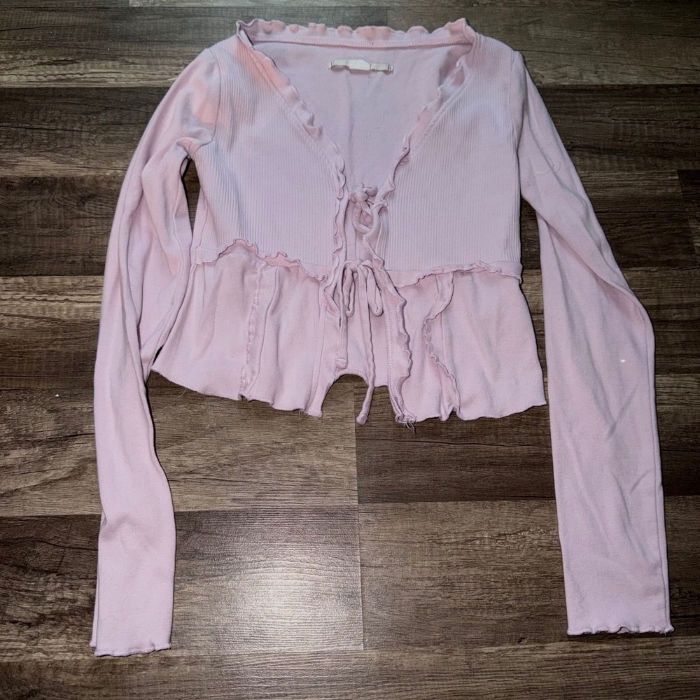 Kimchi Blue Urban Outfitters Pink Ribbed Tie Front Ruffle Crop Cardigan XS